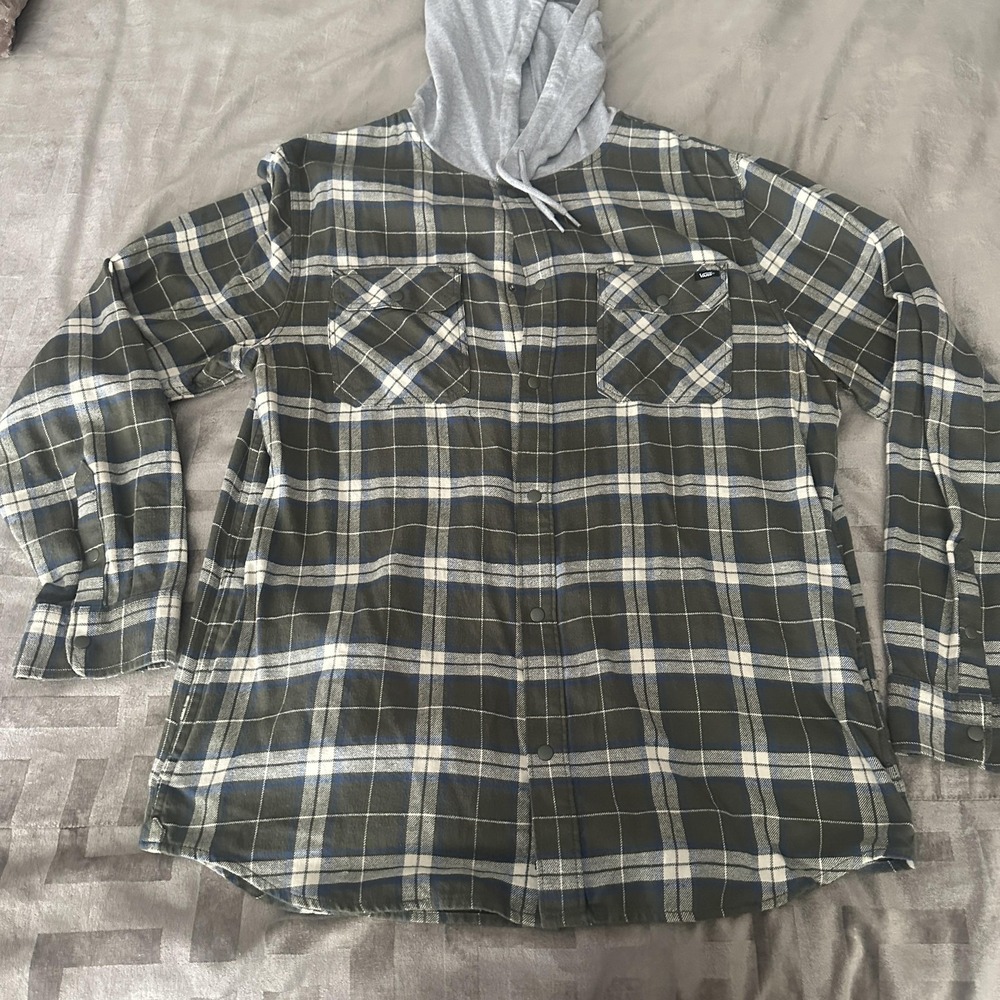 Vans Off The Wall Mens XL Hooded Flannel Shirt Olive Green Plaid Snap Up Hoodie